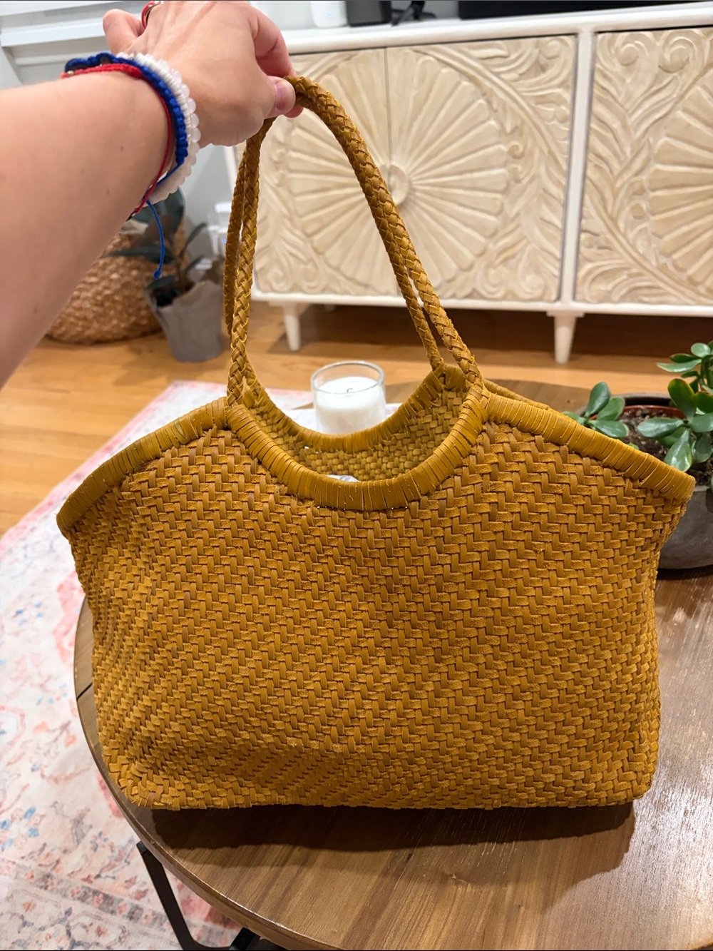 Handwoven Mustard Tote Bag with Braided Handles